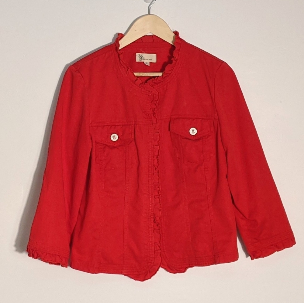 SHE Red Ruffle Tencel/Cotton Blend Open Jacket